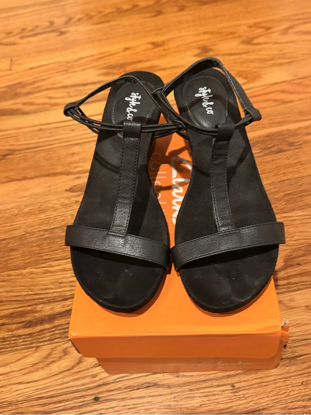 Style & Co. Black T-Strap Wedge Sandals